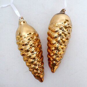 NEW 6.75” CHRISTMAS HAND BLOWN MERCURY GLASS GOLD PINECONE ORNAMENT SET